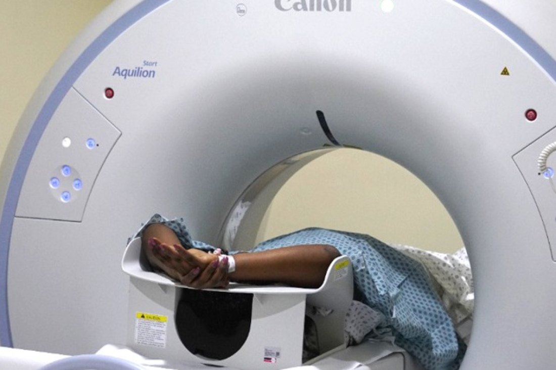 The CT scanner gantry and patient table in the Rapid Diagnostics imaging suite